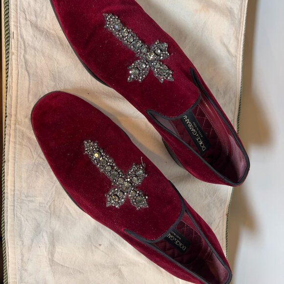 Dolce & Gabanna Burgundy Velvet and Rhinestone Cross Loafer Men\'s 10